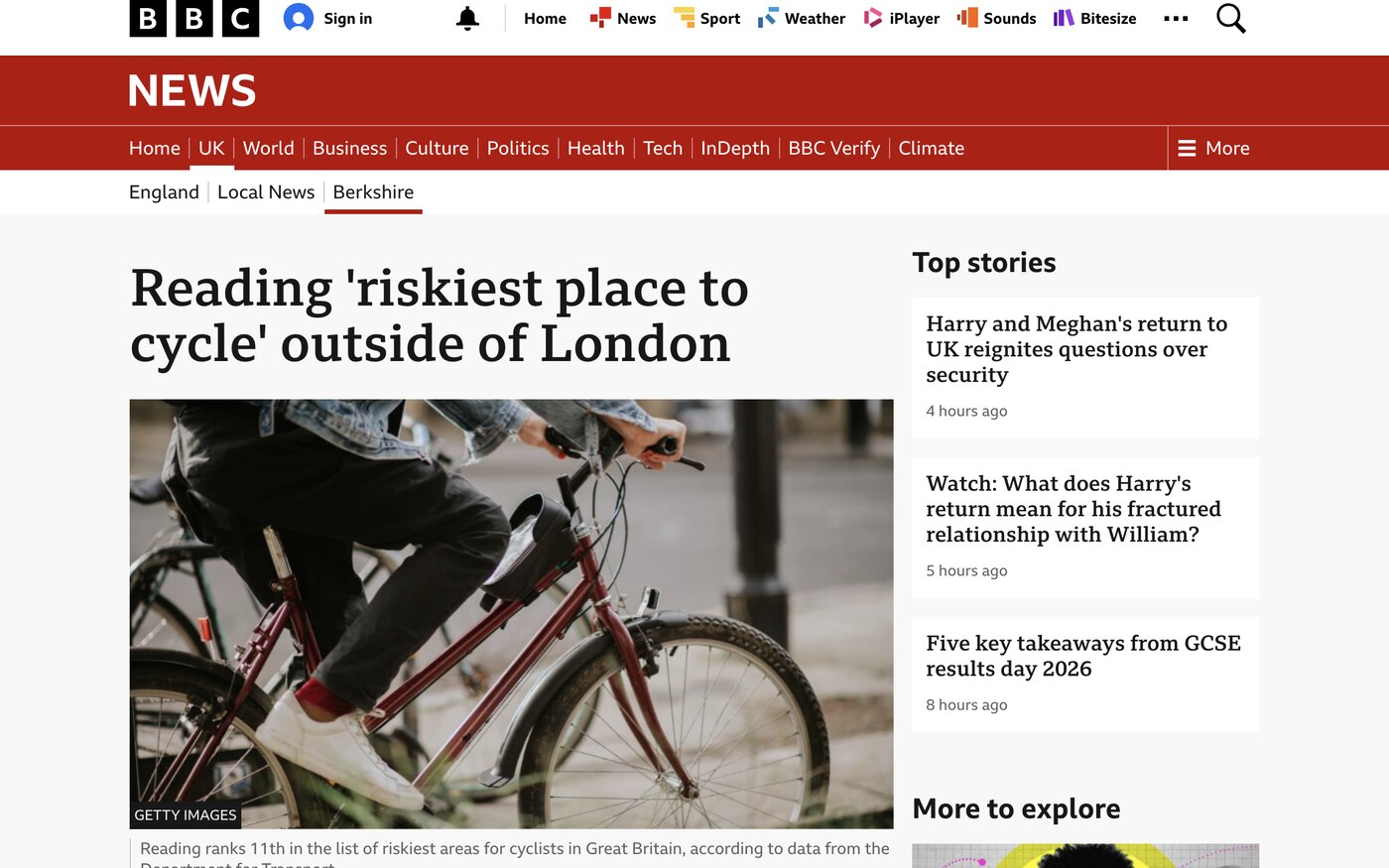 Reading 'most dangerous place to cycle' outside of London on BBC News