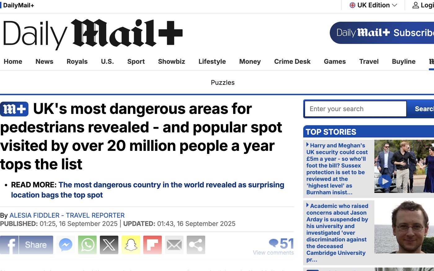 UK's most dangerous areas for pedestrians revealed on Daily Mail