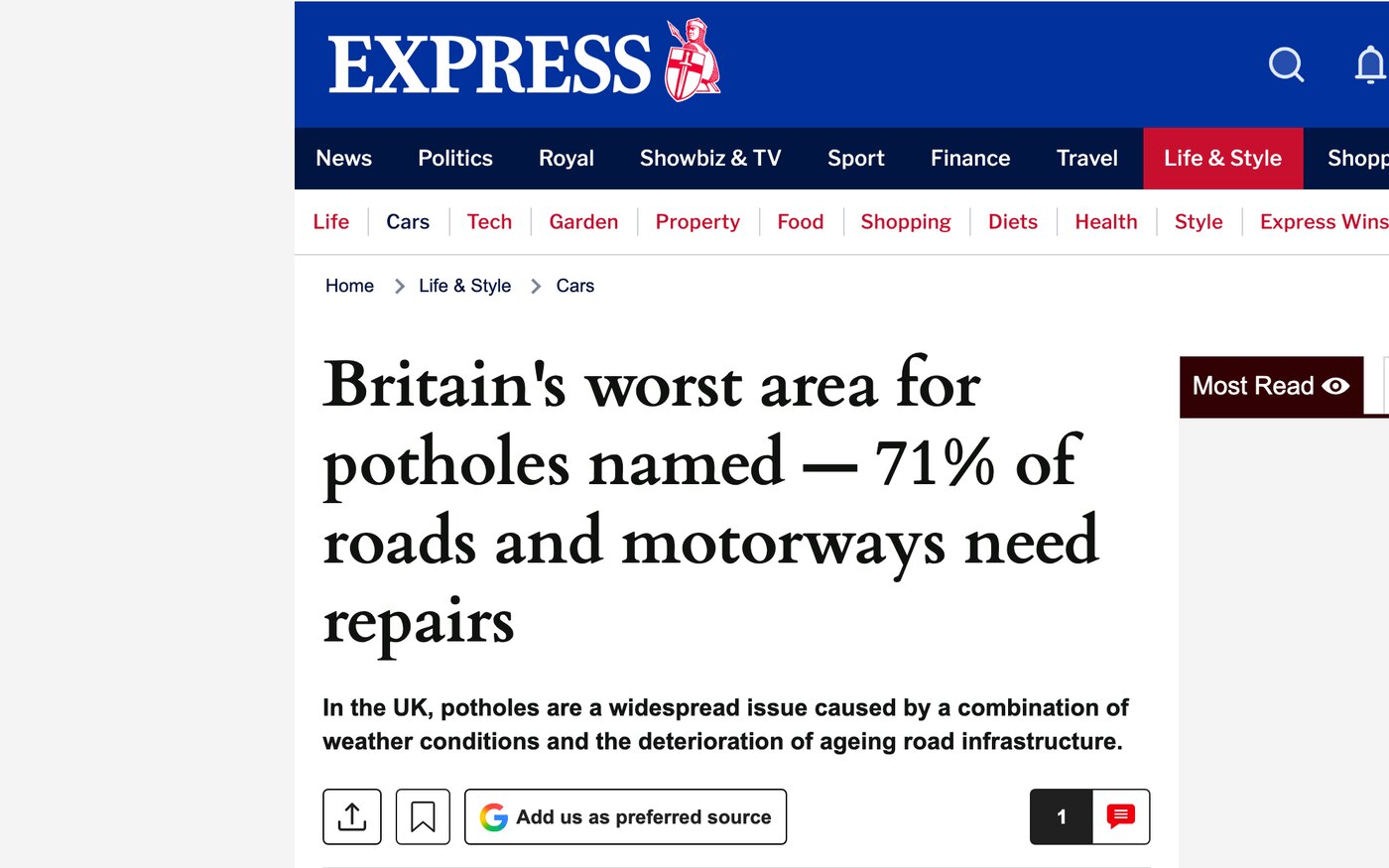 Britain's worst area for potholes named — 71% of roads and motorways need repairs on Express