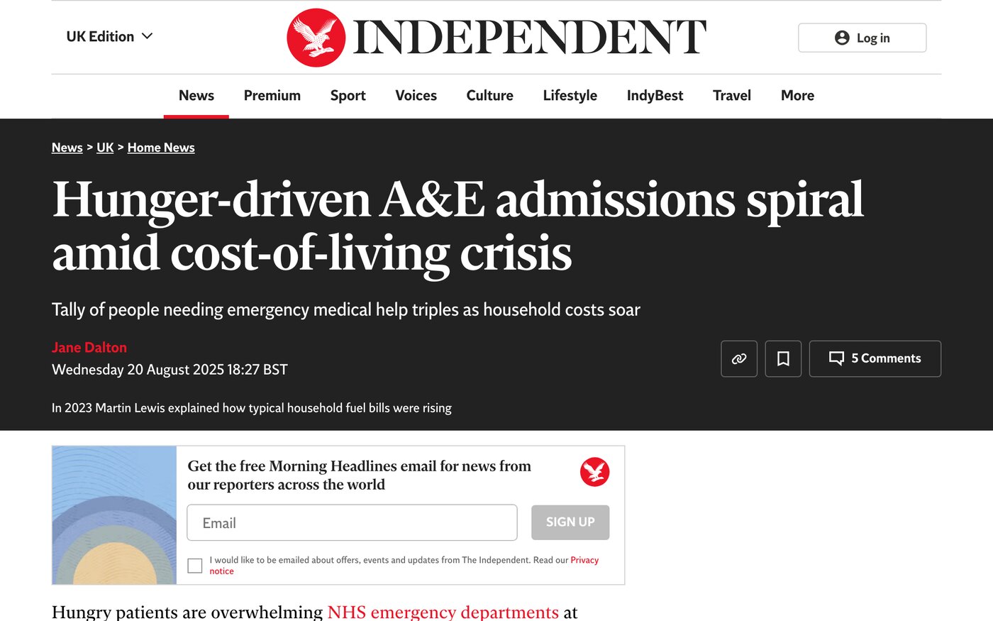 Hunger-driven A&E admissions spiral amid cost-of-living crisis on Independent